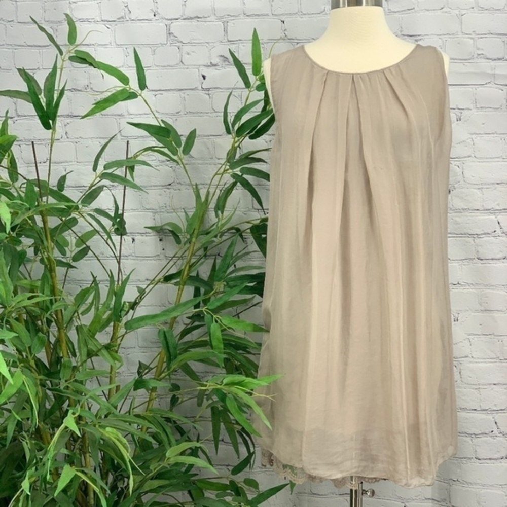Amanti Tan Silk Tank Dress w/ Lace Detail
